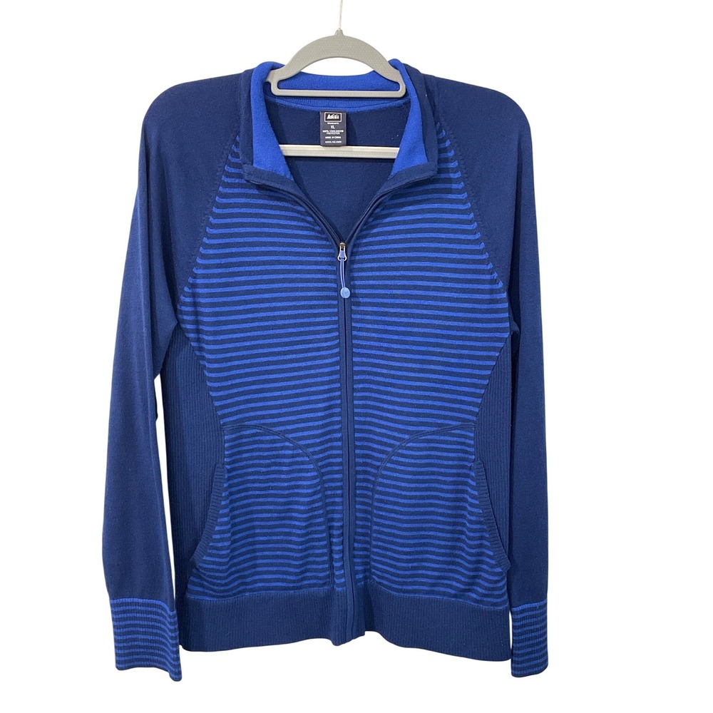REI Womens XL Blue Striped Coolmax‎ Quarter Zip Pullover Sweater Pockets Camping